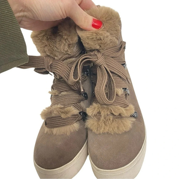 J Slides Faux Fur Wedge Whitney Sneakers Womens 8.5 Platform Booties Suede Taupe - Picture 5 of 16